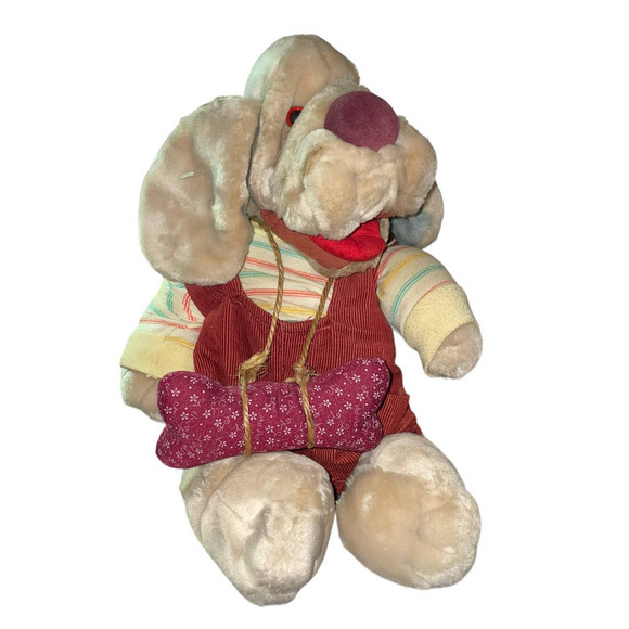 Ganz Bros Wrinkles the Dog Hand Puppet Plush Overalls Puppy 17” w/ Bone VTG‎ 80s - Picture 2 of 13